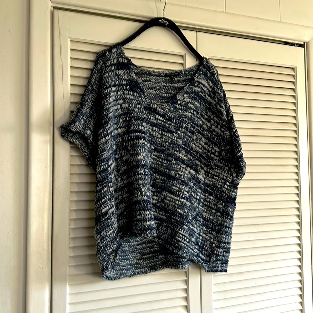 Eileen Fisher 3 x Short hand crocheted blue/gray/white sweater